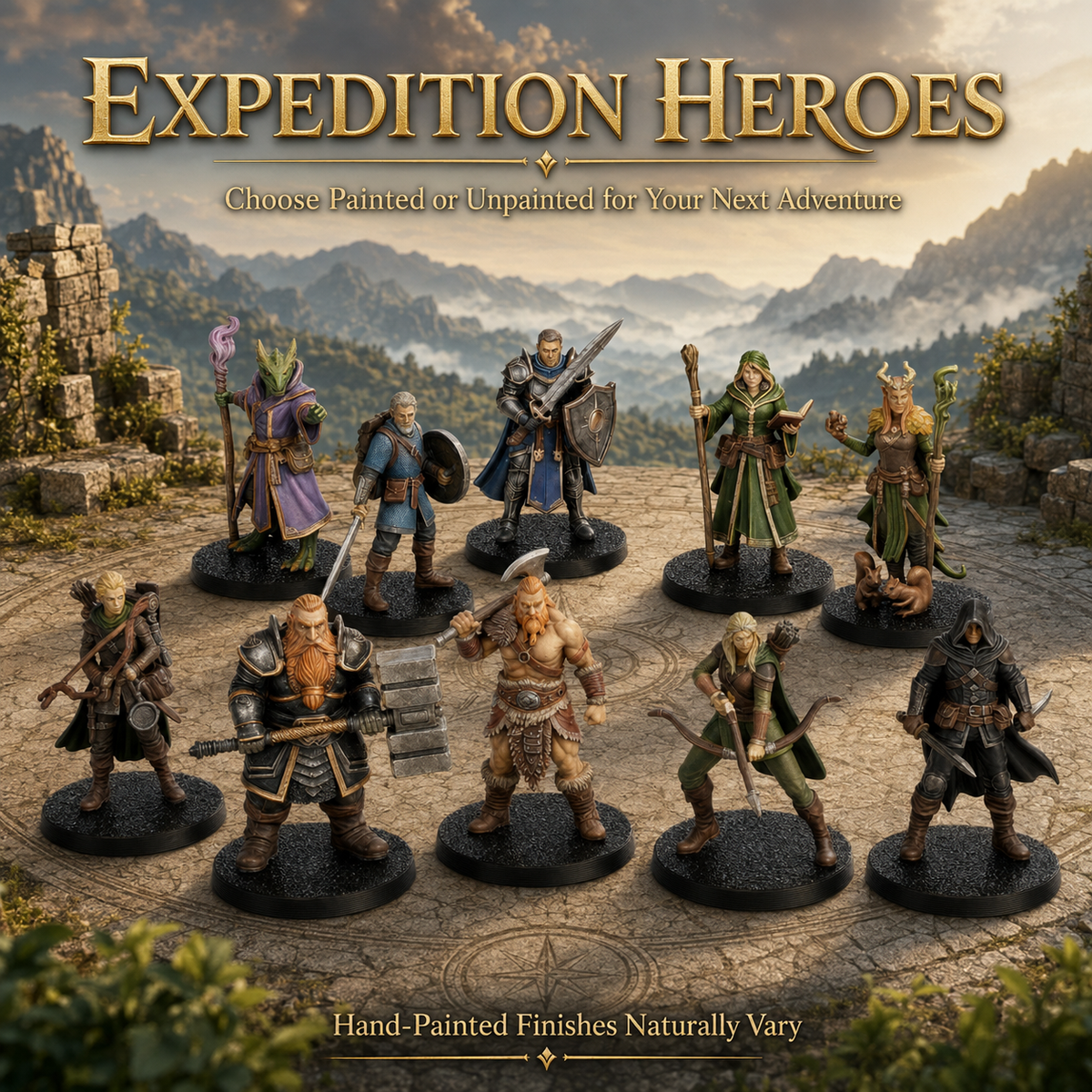 ES11 Expedition Heroes Miniature Set, 10 Pcs DnD Player Character Minis, Fantasy Adventurer Party Figures, Tabletop TTRPG Wargame Miniatures Pack