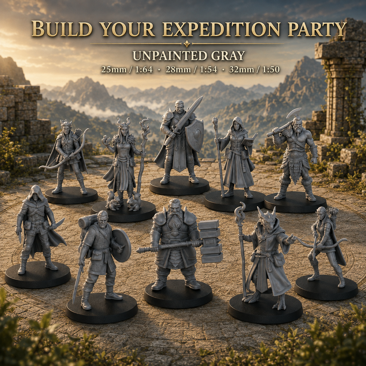 ES11 Expedition Heroes Miniature Set, 10 Pcs DnD Player Character Minis, Fantasy Adventurer Party Figures, Tabletop TTRPG Wargame Miniatures Pack