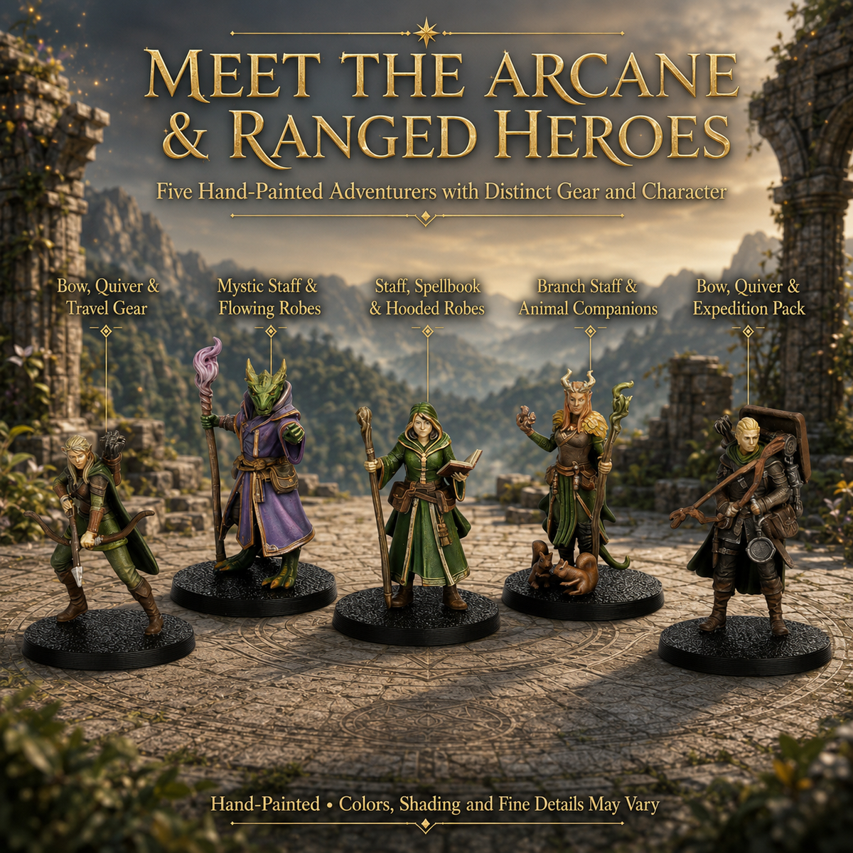 ES11 Expedition Heroes Miniature Set, 10 Pcs DnD Player Character Minis, Fantasy Adventurer Party Figures, Tabletop TTRPG Wargame Miniatures Pack
