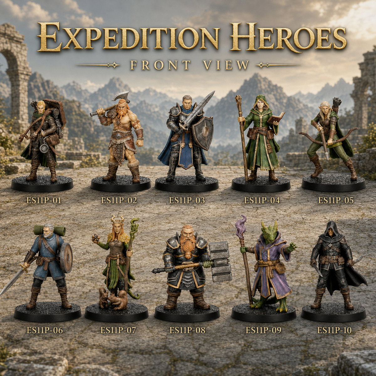 ES11 Expedition Heroes Miniature Set, 10 Pcs DnD Player Character Minis, Fantasy Adventurer Party Figures, Tabletop TTRPG Wargame Miniatures Pack