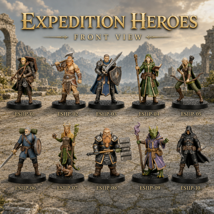 ES11 Expedition Heroes Miniature Set, 10 Pcs DnD Player Character Minis, Fantasy Adventurer Party Figures, Tabletop TTRPG Wargame Miniatures Pack