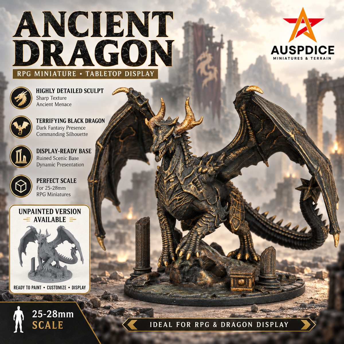 AS987 Ancient Dragon DnD Miniature, Elder Dragon Boss RPG Figure, Detachable Model and Base, Available Painted or Unpainted, Tabletop Miniature, Hobby Gift