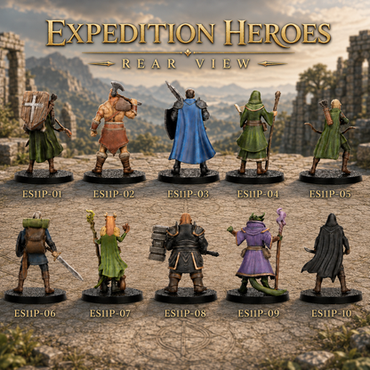 ES11 Expedition Heroes Miniature Set, 10 Pcs DnD Player Character Minis, Fantasy Adventurer Party Figures, Tabletop TTRPG Wargame Miniatures Pack