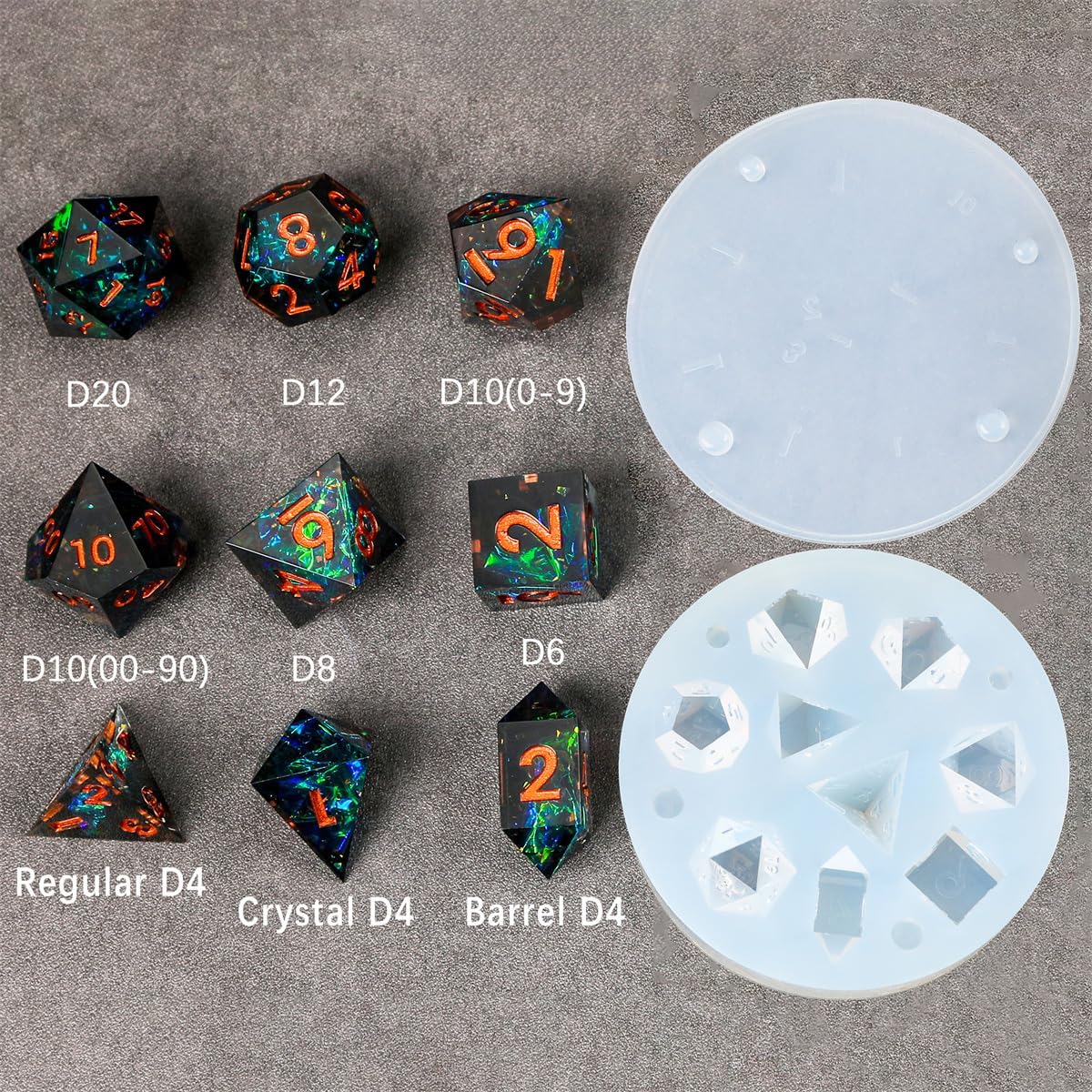 DND Dice Set Mold for Resin Silicone, 9 Pcs Sharp Edge Dice for D&D and Tabletop RPG