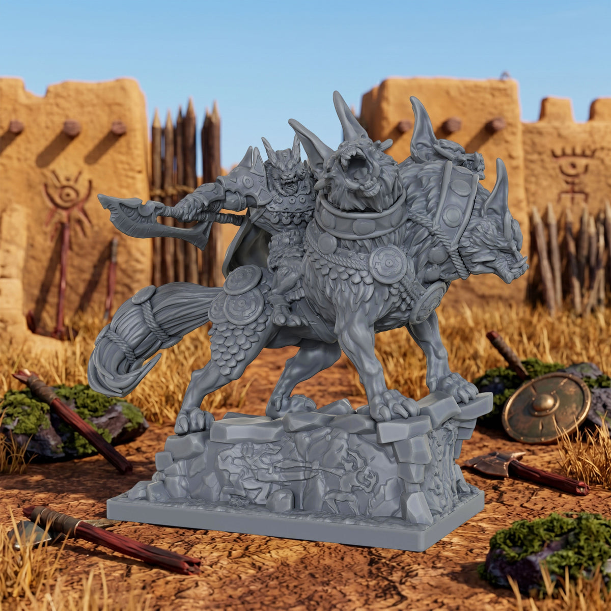 AS1042 Dire Wolf Rider Resin Miniature, Orc Rider on Armored Two-Headed Dire Wolf, Unpainted Fantasy Wargame Figure, DND RPG Monster Model