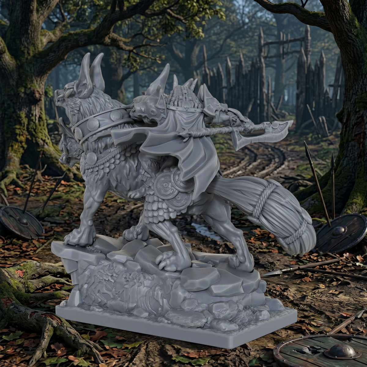 AS1042 Dire Wolf Rider Resin Miniature, Orc Rider on Armored Two-Headed Dire Wolf, Unpainted Fantasy Wargame Figure, DND RPG Monster Model