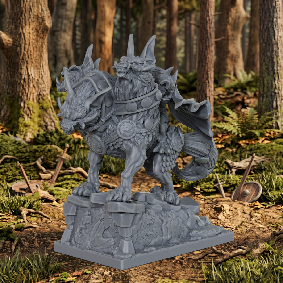 AS1042 Dire Wolf Rider Resin Miniature, Orc Rider on Armored Two-Headed Dire Wolf, Unpainted Fantasy Wargame Figure, DND RPG Monster Model