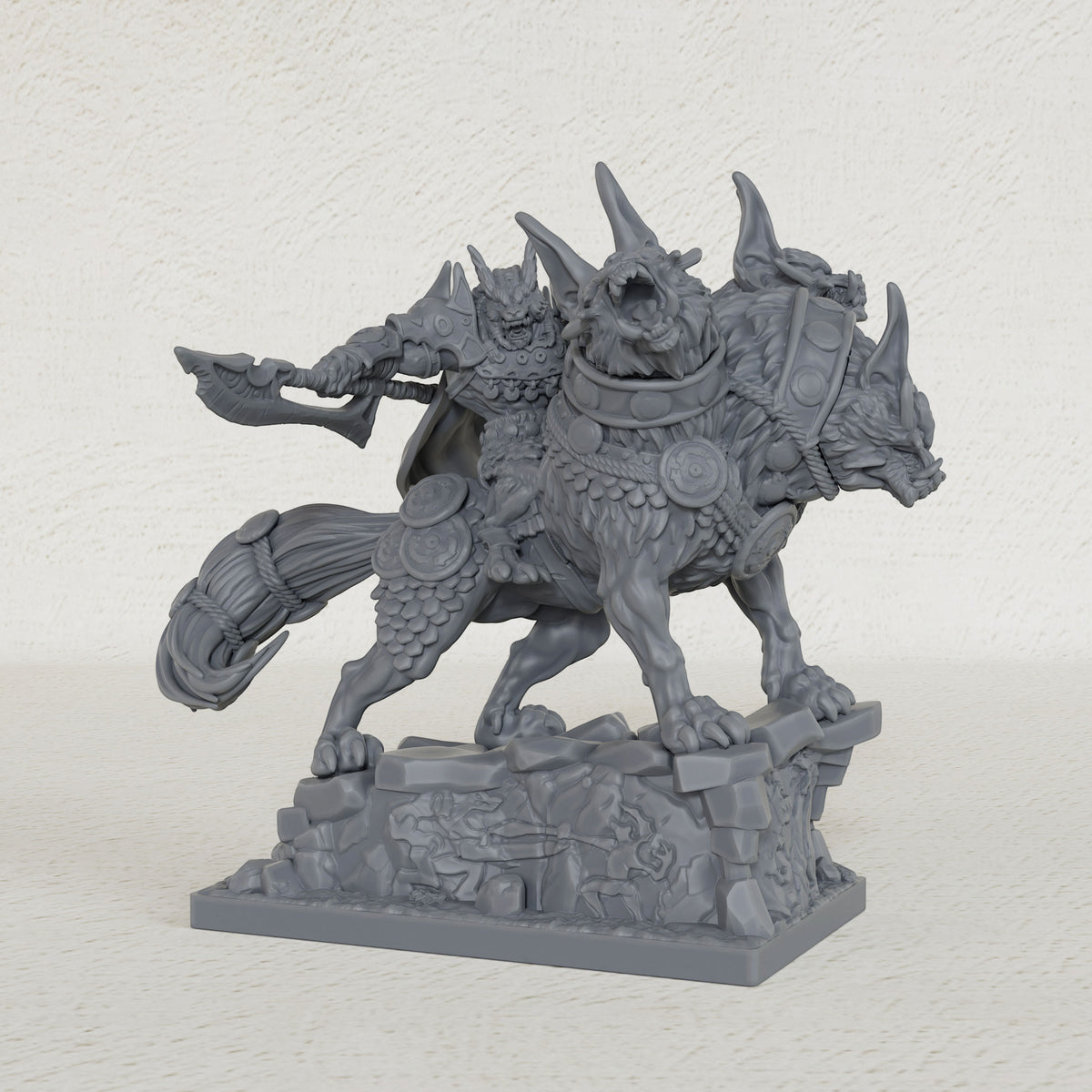 AS1042 Dire Wolf Rider Resin Miniature, Orc Rider on Armored Two-Headed Dire Wolf, Unpainted Fantasy Wargame Figure, DND RPG Monster Model