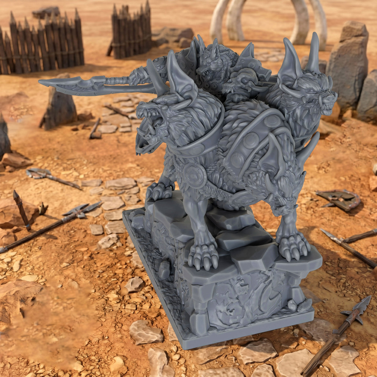 AS1042 Dire Wolf Rider Resin Miniature, Orc Rider on Armored Two-Headed Dire Wolf, Unpainted Fantasy Wargame Figure, DND RPG Monster Model