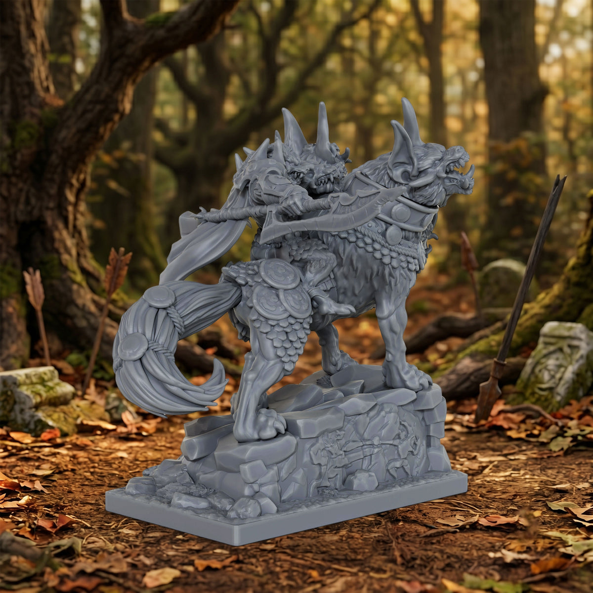 AS1042 Dire Wolf Rider Resin Miniature, Orc Rider on Armored Two-Headed Dire Wolf, Unpainted Fantasy Wargame Figure, DND RPG Monster Model