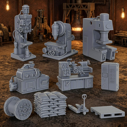 AS1054 Factory Machines Resin Terrain Set, Industrial Workshop Machinery Miniatures, Unpainted Wargame Scenery Props, Diorama Accessories for Tabletop Games