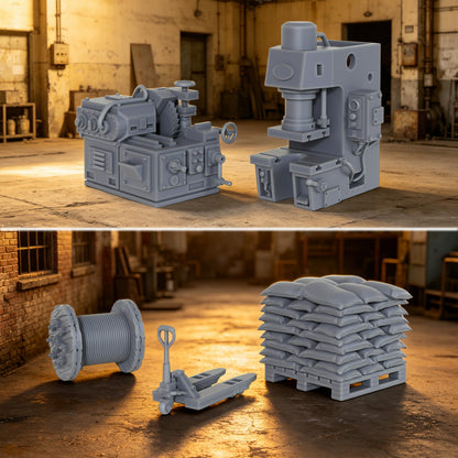 AS1054 Factory Machines Resin Terrain Set, Industrial Workshop Machinery Miniatures, Unpainted Wargame Scenery Props, Diorama Accessories for Tabletop Games