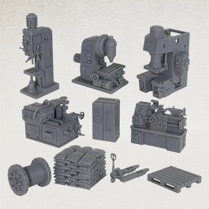 AS1054 Factory Machines Resin Terrain Set, Industrial Workshop Machinery Miniatures, Unpainted Wargame Scenery Props, Diorama Accessories for Tabletop Games