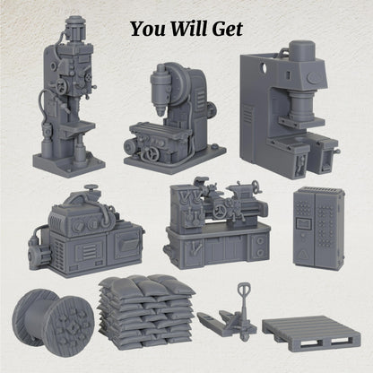 AS1054 Factory Machines Resin Terrain Set, Industrial Workshop Machinery Miniatures, Unpainted Wargame Scenery Props, Diorama Accessories for Tabletop Games