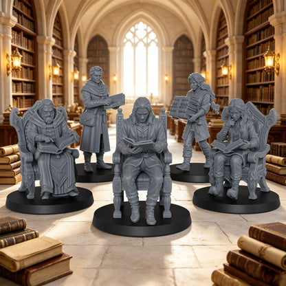 AS1071 Fantasy Archivists Miniature Set, Library Scholars & Scribe Figures, Unpainted Resin Minis for D&D RPG Scenes