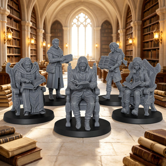 AS1071 Fantasy Archivists Miniature Set, Library Scholars & Scribe Figures, Unpainted Resin Minis for D&D RPG Scenes