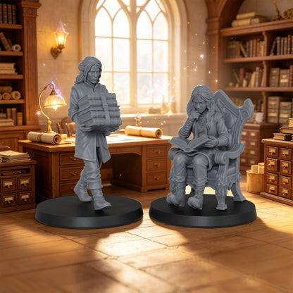 AS1071 Fantasy Archivists Miniature Set, Library Scholars & Scribe Figures, Unpainted Resin Minis for D&D RPG Scenes