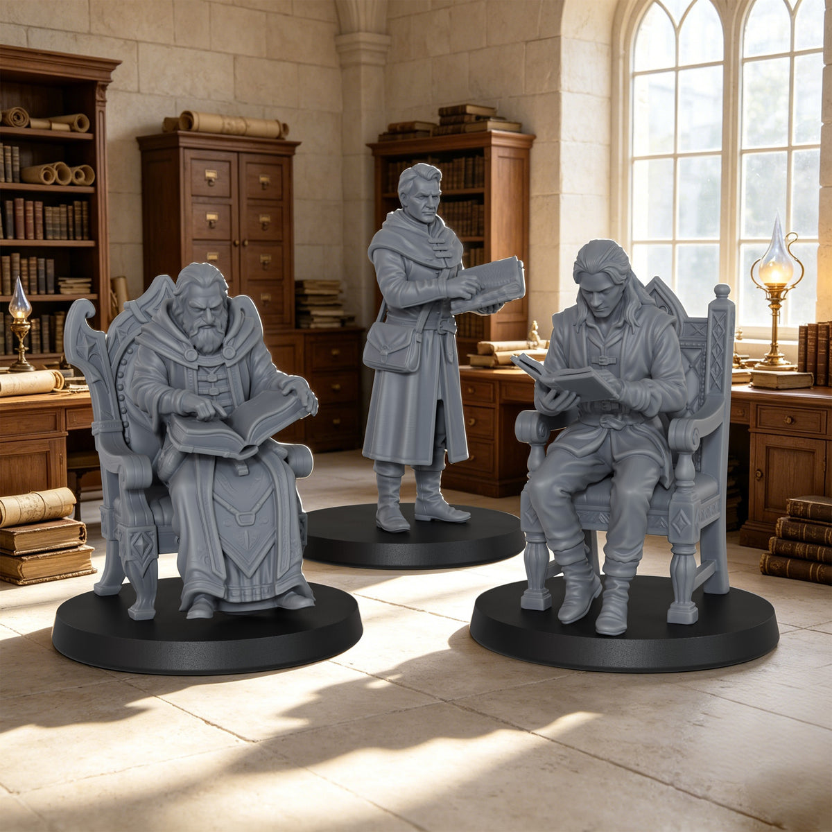 AS1071 Fantasy Archivists Miniature Set, Library Scholars & Scribe Figures, Unpainted Resin Minis for D&D RPG Scenes