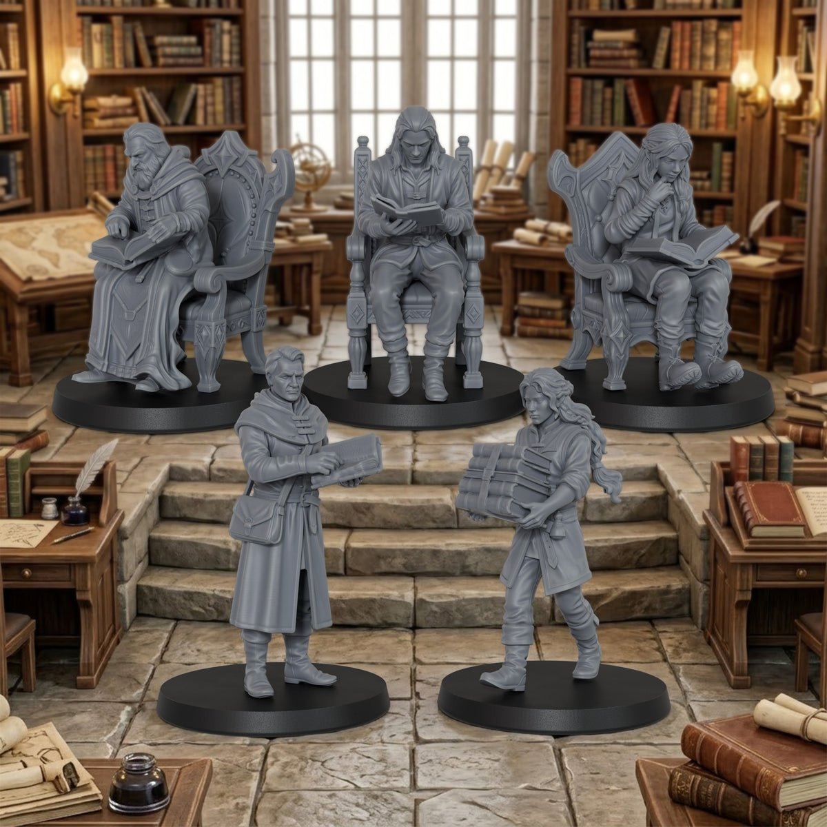 AS1071 Fantasy Archivists Miniature Set, Library Scholars & Scribe Figures, Unpainted Resin Minis for D&D RPG Scenes