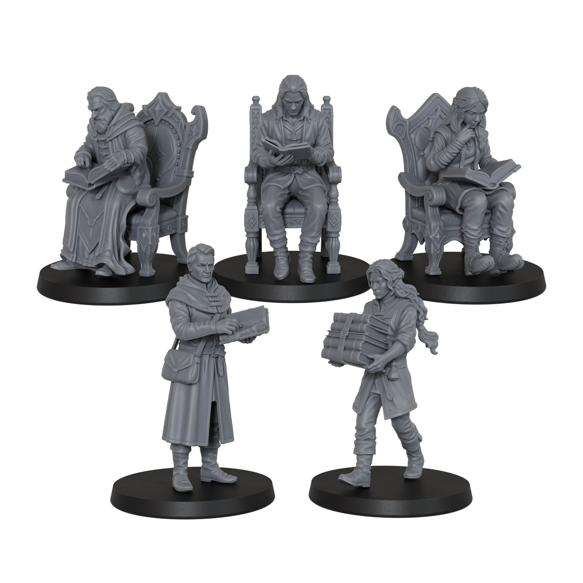 AS1071 Fantasy Archivists Miniature Set, Library Scholars & Scribe Figures, Unpainted Resin Minis for D&D RPG Scenes
