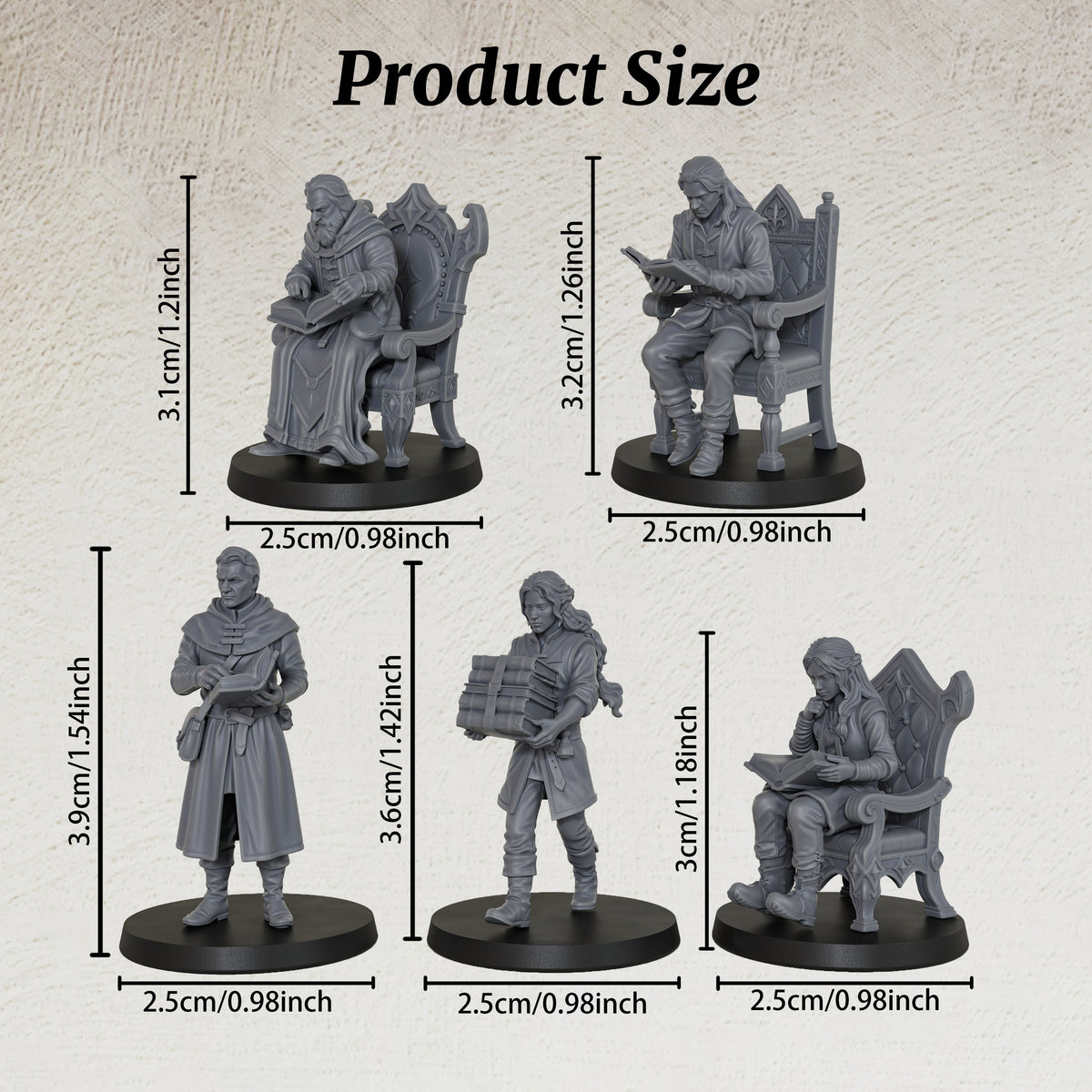 AS1071 Fantasy Archivists Miniature Set, Library Scholars & Scribe Figures, Unpainted Resin Minis for D&D RPG Scenes