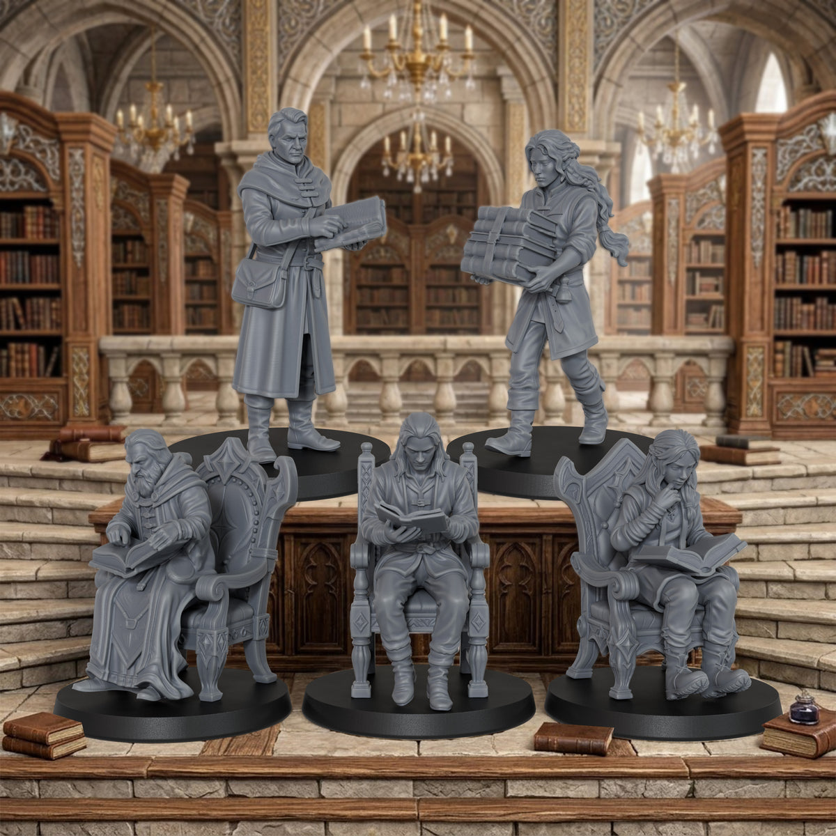 AS1071 Fantasy Archivists Miniature Set, Library Scholars & Scribe Figures, Unpainted Resin Minis for D&D RPG Scenes