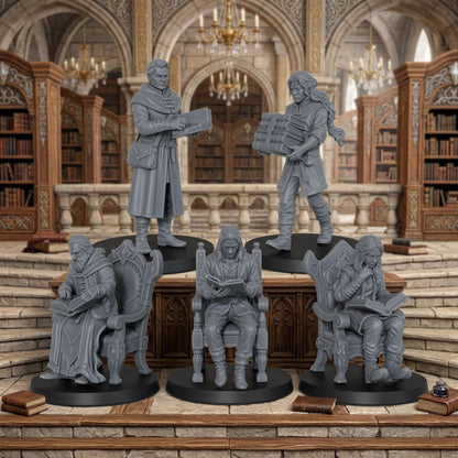 AS1071 Fantasy Archivists Miniature Set, Library Scholars & Scribe Figures, Unpainted Resin Minis for D&D RPG Scenes