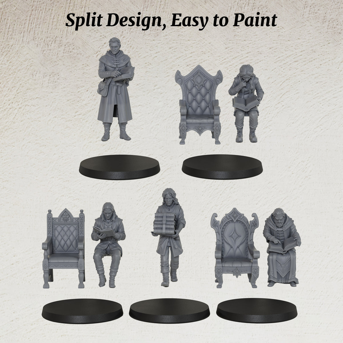 AS1071 Fantasy Archivists Miniature Set, Library Scholars & Scribe Figures, Unpainted Resin Minis for D&D RPG Scenes