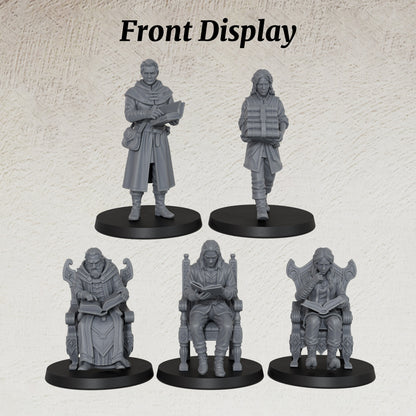 AS1071 Fantasy Archivists Miniature Set, Library Scholars & Scribe Figures, Unpainted Resin Minis for D&D RPG Scenes