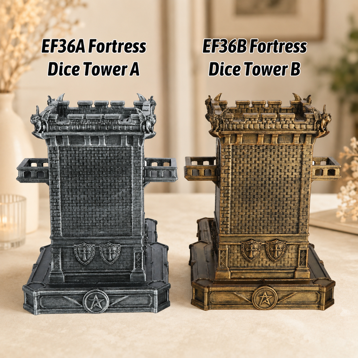 EF36 Fortress Dice Tower, Detachable Modular Castle Dice Tower, Gothic Fortress Design, Dice Rolling Tray Included, Fantasy Tabletop RPG Game Prop